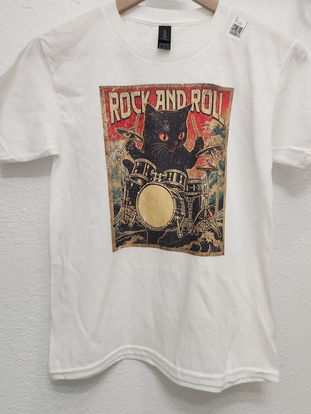 Kids White 'Rock and Roll' Cat Drummer Graphic Tee Gildan 10/12